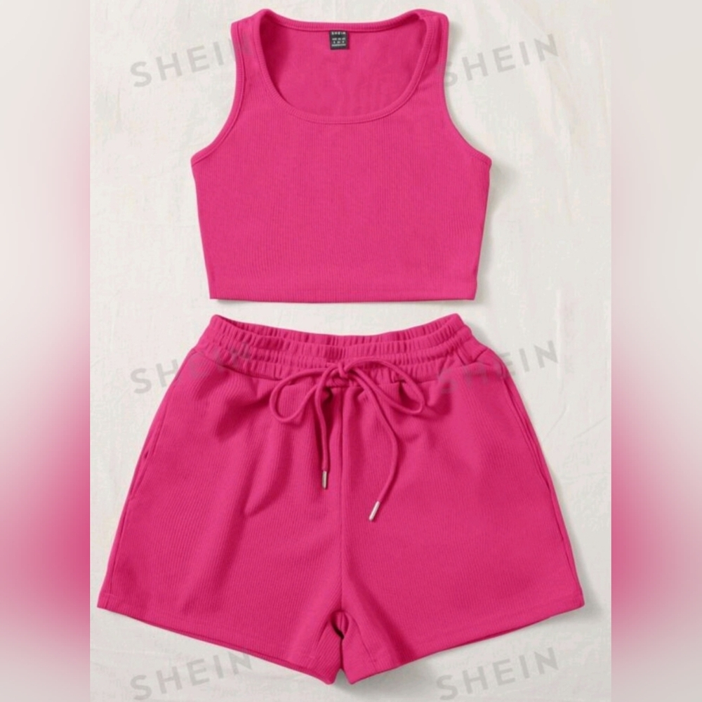 NWT SHEIN EZwear Summer Sets Scoop Neck Tank Top & Track Shorts-Hot Pink - Sz. M
